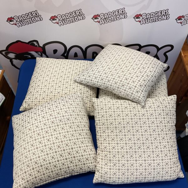 Set of five patterned sofa cushions for comfortable home decor.