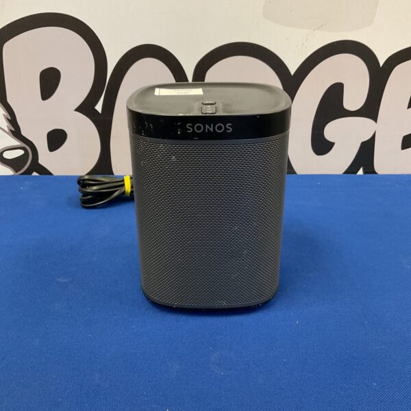 Black Sonos Play 1 wireless speaker for home audio streaming.