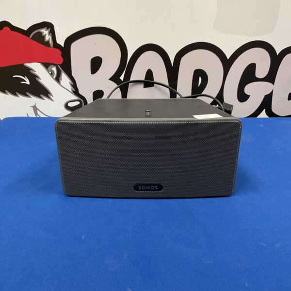 Black Sonos Play 3 wireless speaker for home audio.