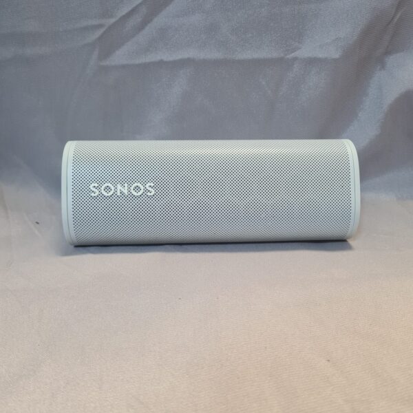 Black Sonos Roam portable smart speaker, wireless Bluetooth audio device.