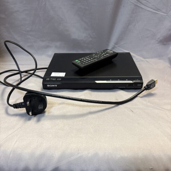 Black Sony DVD player DVP-SR760H with remote control.