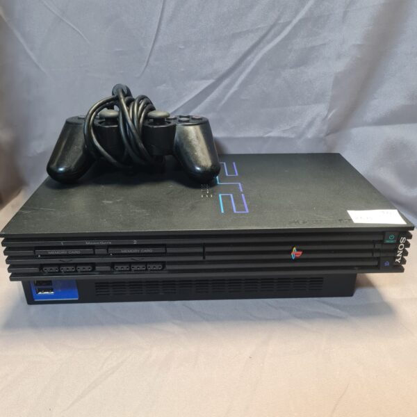 Black Sony Playstation 2 console with a controller.