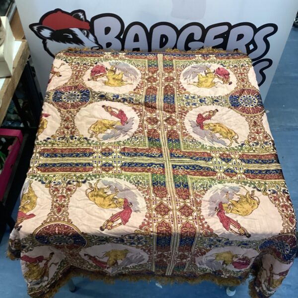 Vintage Spanish bullfighting silk tapestry with detailed embroidery.