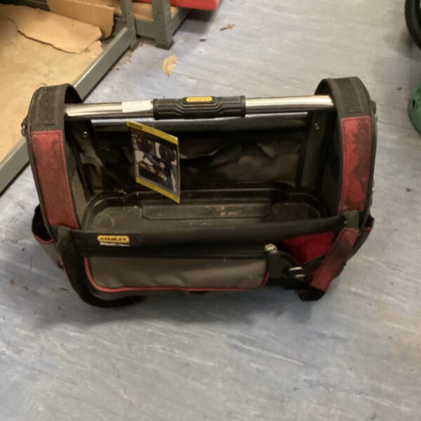 Close-up of a used Stanley Fatmax tool carry bag.