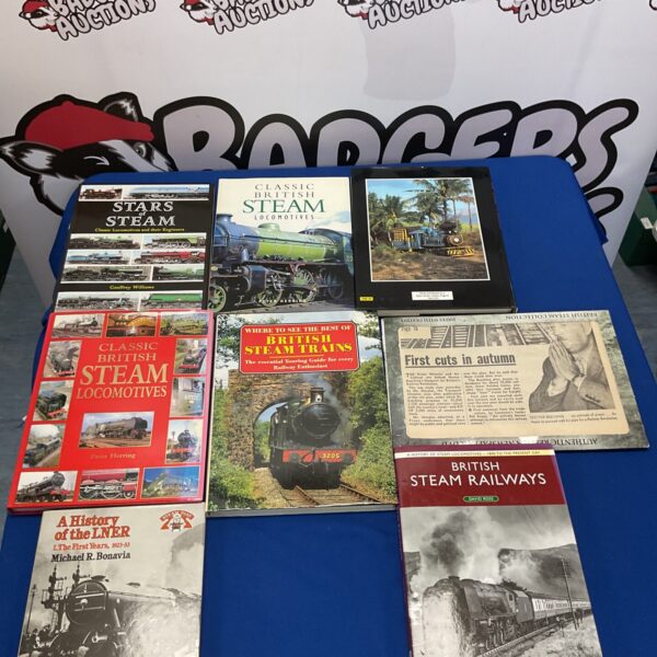 Vintage collection of steam train books and railway ephemera.