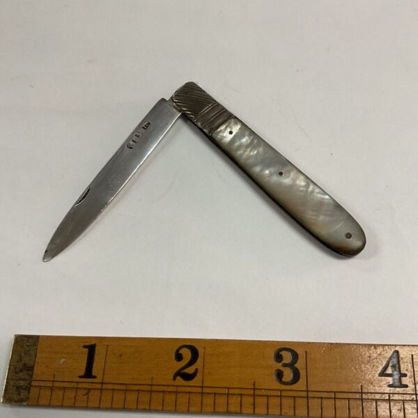 Vintage sterling silver fruit knife with iridescent mother of pearl handle.