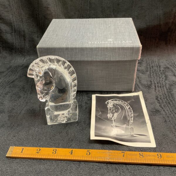 Clear Steuben glass horse head sculpture with original box.