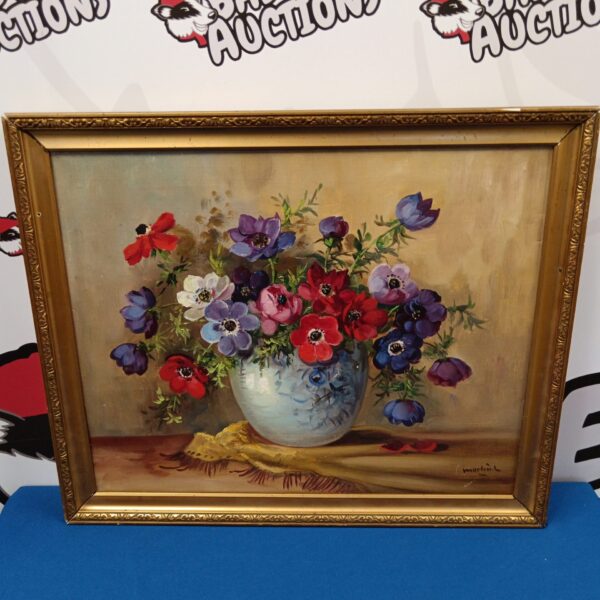 Signed still life oil painting of flowers in a vase.