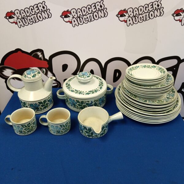 Vintage Stonehenge Midwinter dinner set with plates, mugs, and teapot.