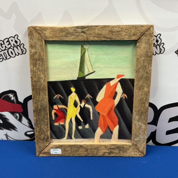 Surrealist oil painting of bathers with sailboat on horizon.