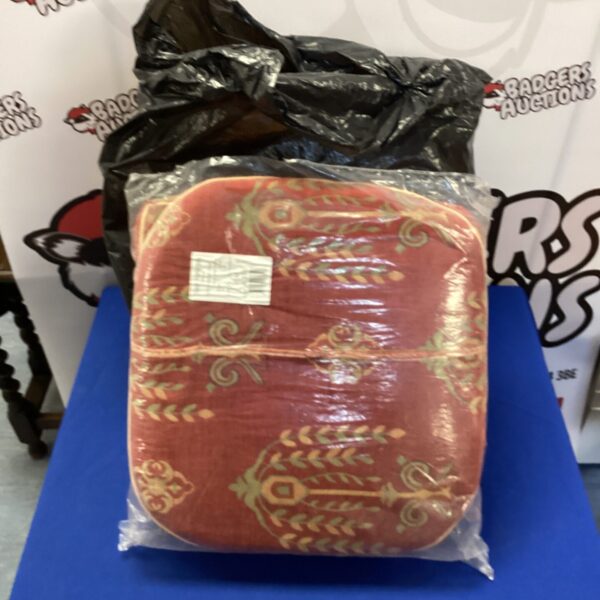 Red vintage Swan Hattersley dining chair cushions, retro seat pads.