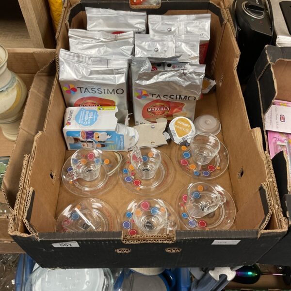 Assorted Tassimo coffee pods and cups from Lavazza for home brewing.