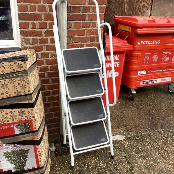 Aluminium three-step ladder leaning against recycling bins.