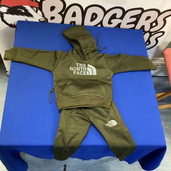 Olive green toddler North Face style tracksuit set.