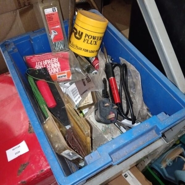 Mixed lot of tools and hardware including soldering iron and nails.