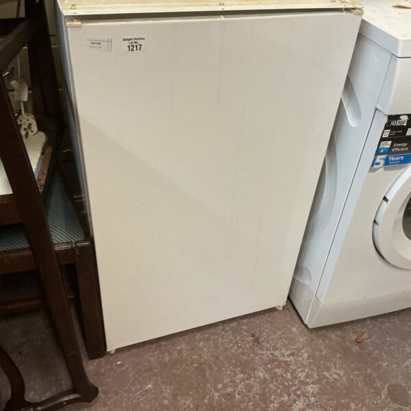 White undercounter refrigerator for compact kitchen spaces.