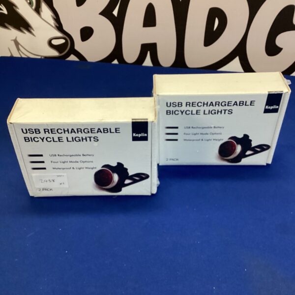 Pair of USB rechargeable bicycle lights for cycling safety.