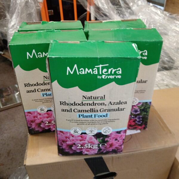 Five boxes of Verve Mama Terra plant food for rhododendrons and azaleas.