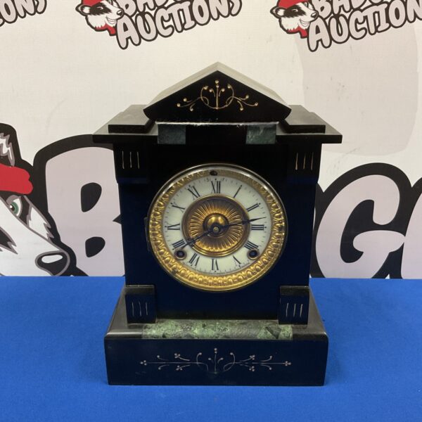 Antique Victorian Ansonia slate mantle clock with pendulum and key.