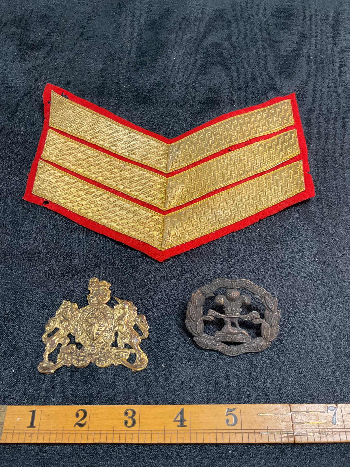 Victorian British Army Sergeant stripes, gold embroidered insignia.