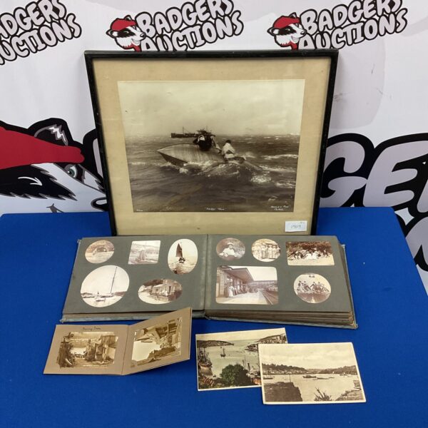 Framed Victorian photograph of a sailing ship at sea, antique nautical scene.