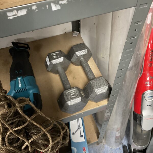 Pair of vintage 15lb cast iron dumbbells for home fitness.