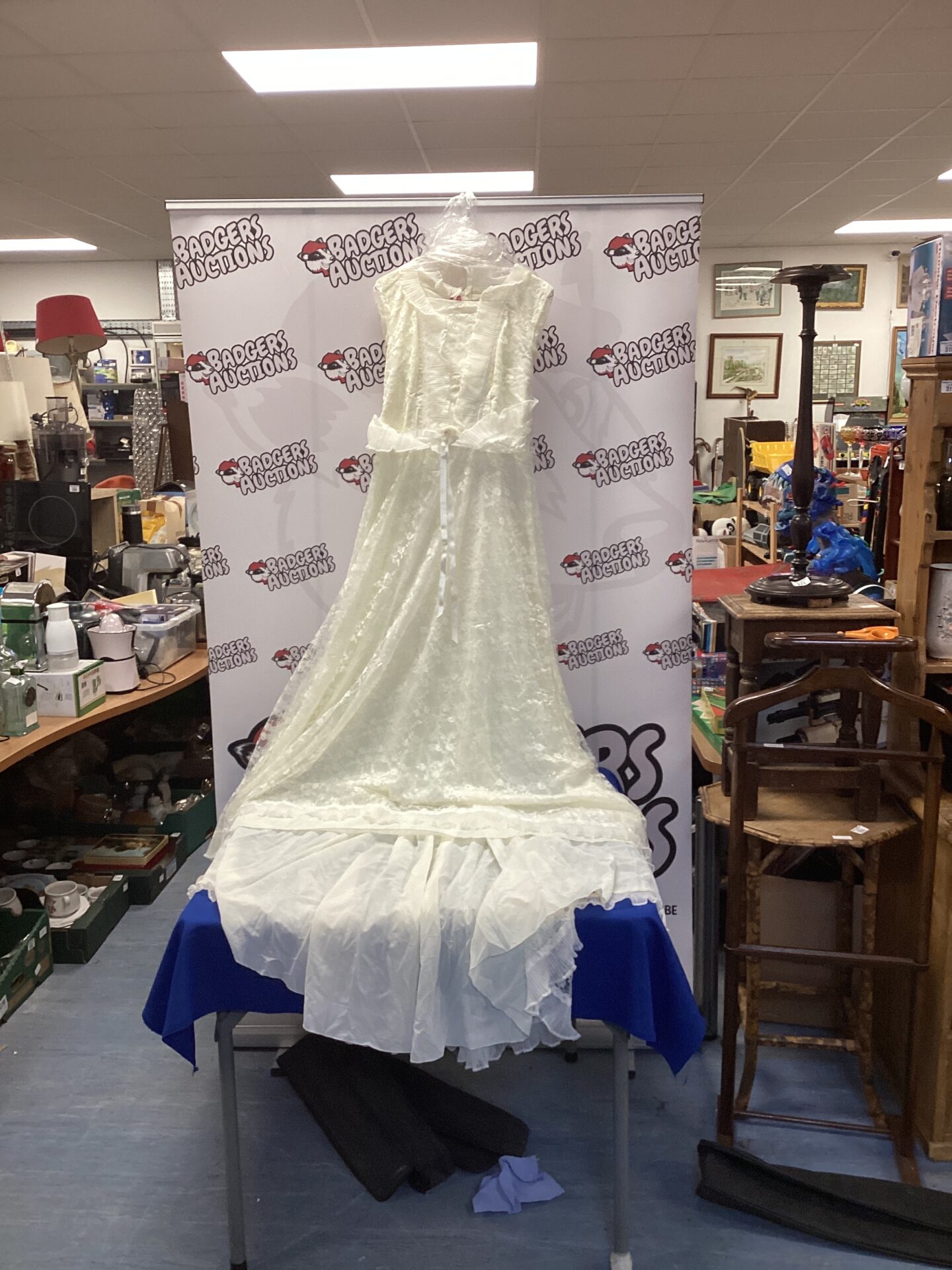 Vintage 1980s wedding dress with lace detailing.