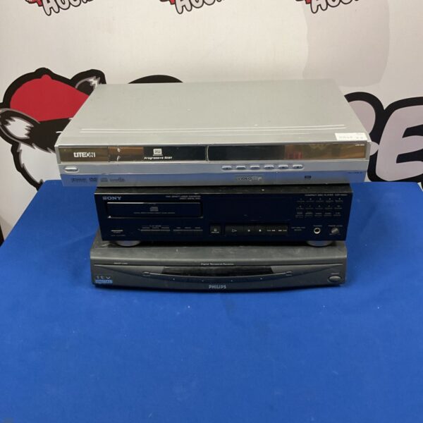 Vintage audio equipment lot including Philips, Sony, and LiteOn devices.