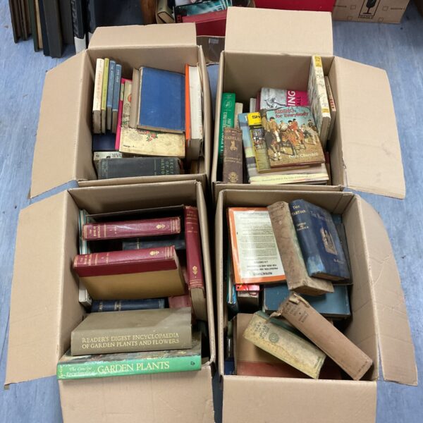 Four boxes filled with a vintage book lot, including antique books.
