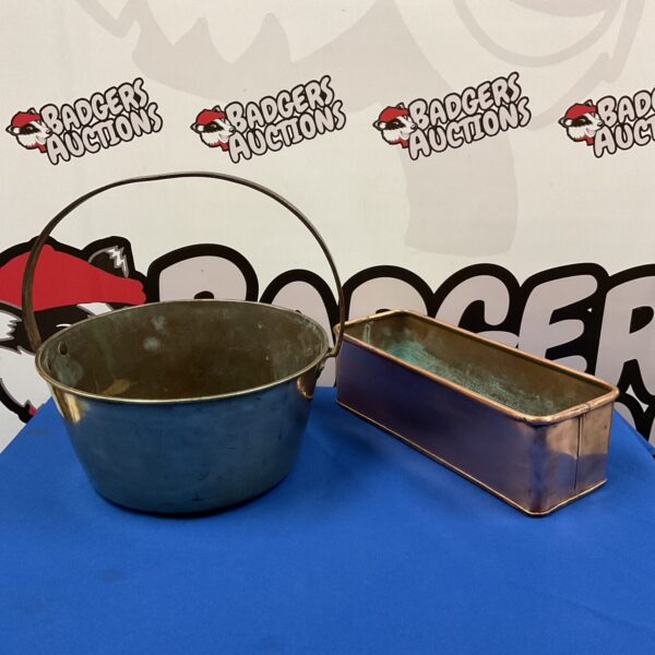 Vintage brass jam pan and copper trough planter for sale.