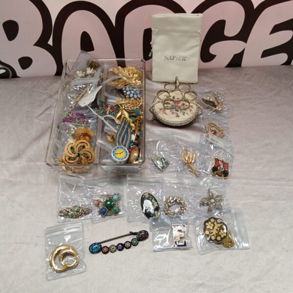 Vintage brooch collection lot with millifiori and enamel pins.
