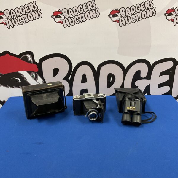 Vintage camera and binoculars lot, including Thornton Pickard Imperial.