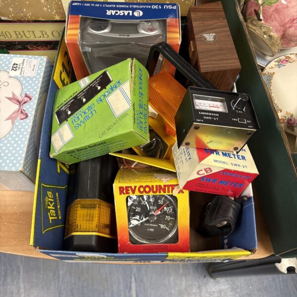 Vintage car accessories lot including rev counter and SWR meter.