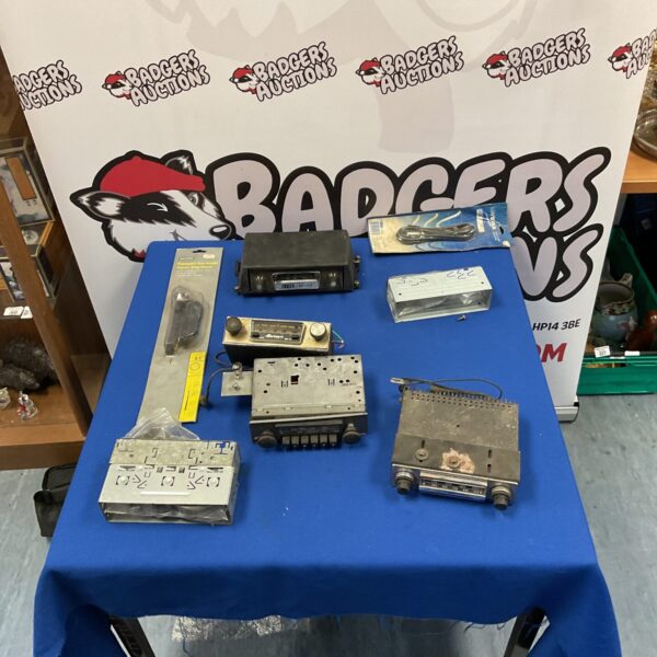 Vintage car radios lot with aerial and extension lead.