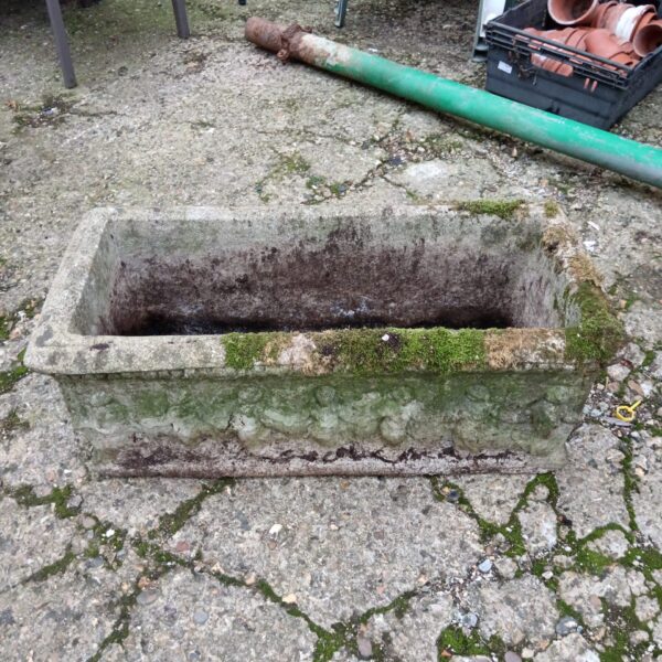 Weathered vintage concrete trough planter in a garden setting.