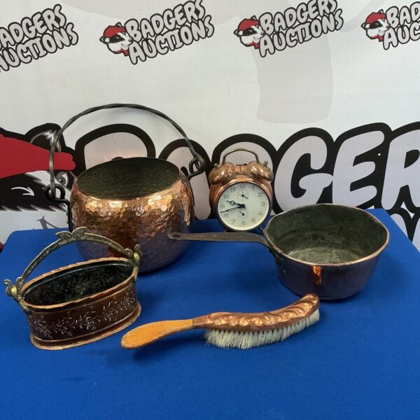 Vintage copper kitchenalia lot including pan, cauldron and brush.