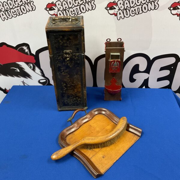 Vintage crumb tray set with brush, matchbox holder, and wine bottle box.