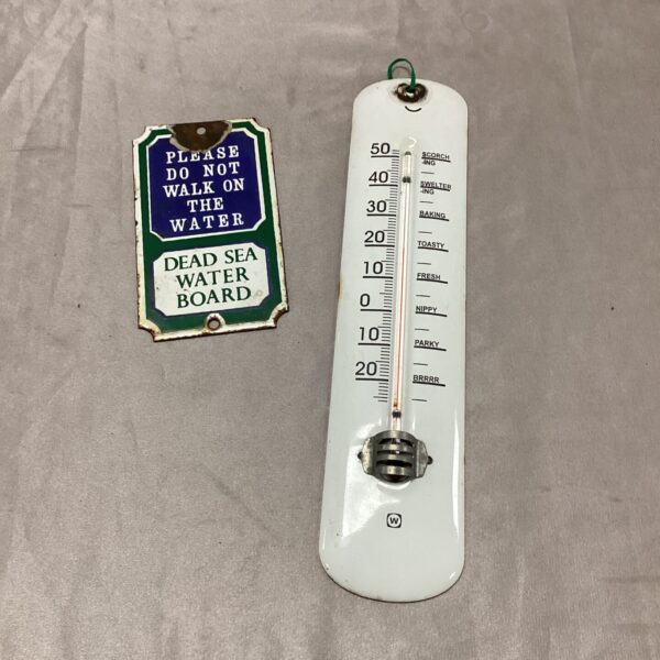 Vintage "Do Not Walk on Water" enamel sign with thermometer.