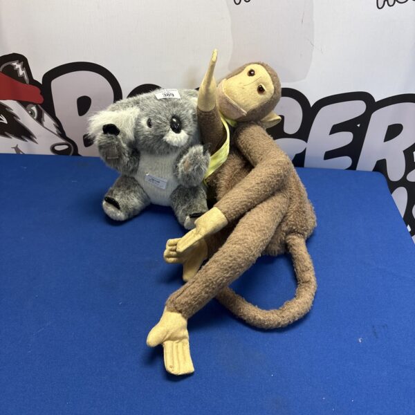 Vintage Farnell Alpha monkey and koala soft toys, collectible plush.