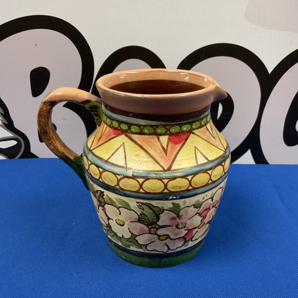 Vintage floral jug signed Robb 1956, colourful ceramic pottery.
