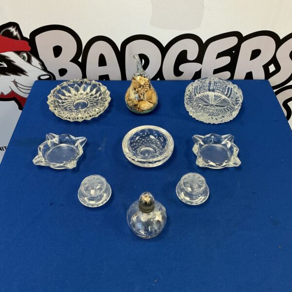Vintage glass ashtrays lot, collectible pressed glass items.