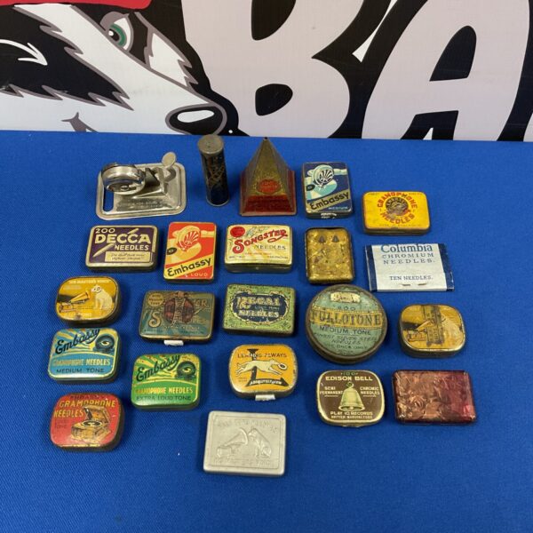 Vintage collection of gramophone needles in original tins.