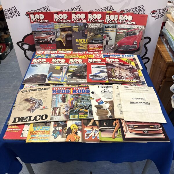 Stack of vintage Hot Rod and Rod & Custom magazines from the 1970s.