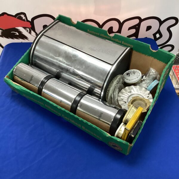 Vintage metal kitchen storage jars and bread bin set.