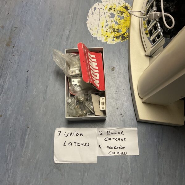 Vintage lot of union latches, roller catches, and mortice latches for restoration.