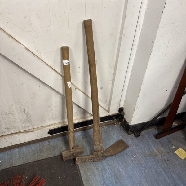 Vintage mattock and hammer set, antique garden tools.