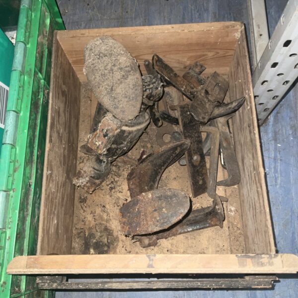 Vintage metalware lot including shoe lasts and antique tools.