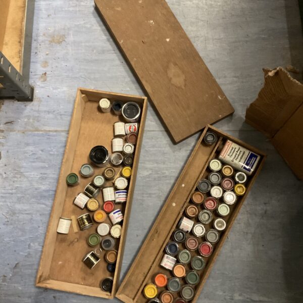 Vintage model paint collection in wooden case, hobby supplies.