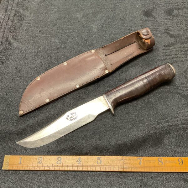 Vintage MP Vineis London knife with leather stacking handle and sheath.
