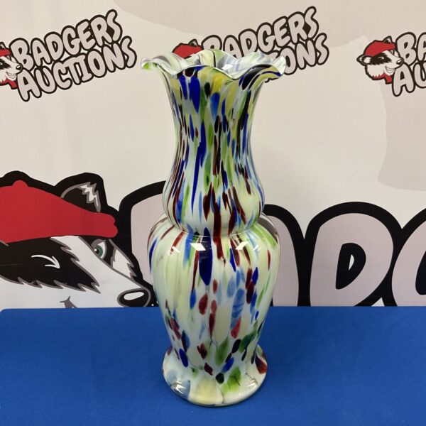 Vibrant vintage multicoloured Murano style glass vase with splatter design.